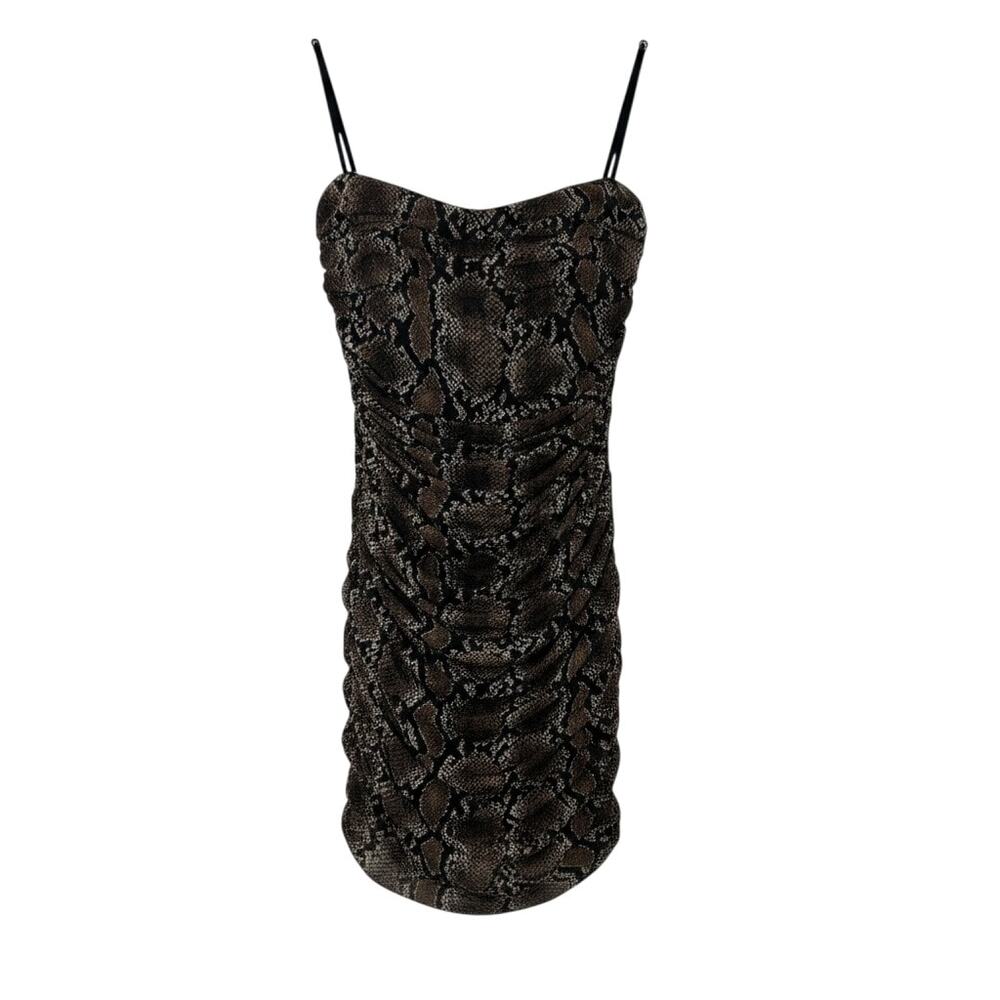 Babaton brown snakeskin print mesh dress with ruched bodycon silhouette spaghett